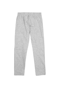 Pantaloni felpati grigi chiari con vita elasticizzata e gamba dritta, distesi su uno sfondo bianco.