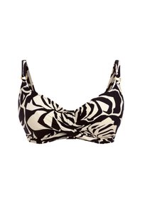 Černý a krémový bikiny top s květinovým abstraktním vzorem, s nastavitelnými popruhy a zlatými akcenty na kovových prvcích.