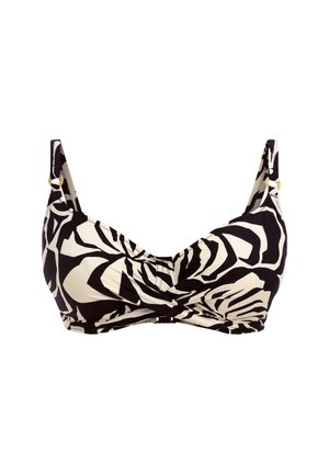 Black and cream bikini top featuring a floral abstract pattern, with adjustable straps and gold-tone hardware accents.