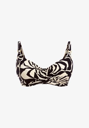 Černý a krémový bikiny top s květinovým abstraktním vzorem, s nastavitelnými popruhy a zlatými akcenty na kovových prvcích.