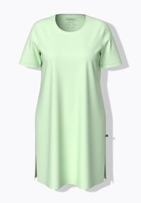 Light green, short-sleeve dress made of soft fabric. Round neckline with contrasting trim, side slits for ease of movement. Simple design.