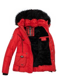 Červená puffa bunda s čiernou umelou kožušinou na kapucni, so zipsom vpredu a vnútornými vreckami. Má prešívaný vzor a mäkkú podšívku.