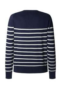 Maglione blu navy con strisce bianche orizzontali, dotato di scollatura rotonda e maniche lunghe. Realizzato in un tessuto morbido e testurizzato.