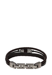 Bracciale in pelle e intrecciato di colore marrone scuro con accenti in metallo argentato, dotato di chiusura e logo inciso "s.Oliver".