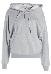 Gray hoodie with a zipper at the neck, drawstrings, and a soft interior. Features a loose fit and ribbed cuffs and hem.