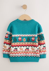 Pull turquoise pour enfants avec des motifs festifs de Père Noël, bonshommes en pain d’épice, sapins de Noël, rennes et houx dans le dos.