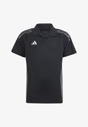 Polo noir à manches courtes, avec des rayures grises sur les épaules et un logo Adidas. Fabriqué en tissu texturé, il présente un col classique.