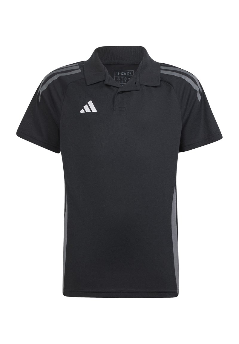 Polo noir à manches courtes, avec des rayures grises sur les épaules et un logo Adidas. Fabriqué en tissu texturé, il présente un col classique.