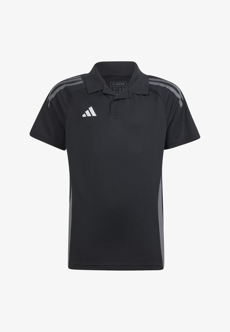 Polo nero con maniche corte, caratterizzato da strisce grigie sulle spalle e logo Adidas. Realizzato in tessuto testurizzato, presenta un design del colletto classico.