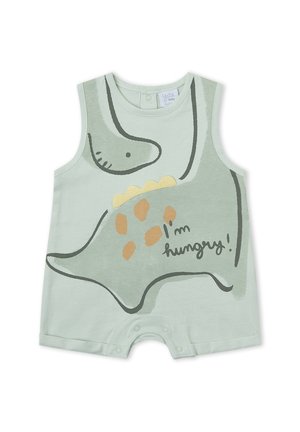 Pelele de bebé sin mangas en verde menta con una ilustración de un dinosaurio, manchas naranjas, picos amarillos y el texto "¡Tengo hambre!" en el frente.