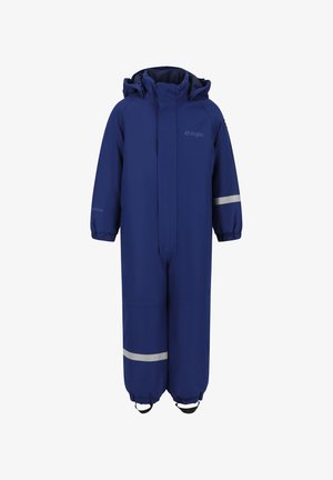 Tuta da neve isolante blu navy con cerniera frontale, polsini elastici e strisce riflettenti sulle gambe. Presenta un cappuccio e una fodera calda.