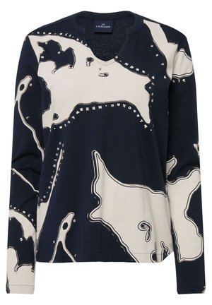 Haut à manches longues en V bleu marine avec un motif abstrait crème. Fabriqué dans un tissu doux, doté d'une coupe confortable et d'une texture légère.