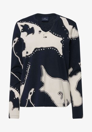 Langärmliges V-Ausschnitt-Oberteil in Marineblau mit cremefarbenem abstrakten Muster. Aus weichem Stoff gefertigt, bietet es eine bequeme Passform und eine leichte Textur.
