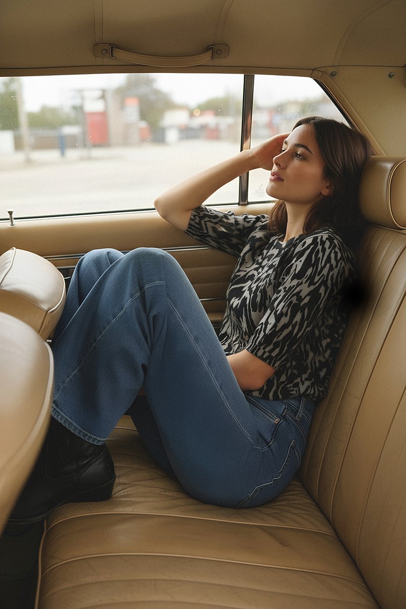 Sort-hvid mønstrede top, blå jeans, siddende i et lærred af lys brunt læder, med udsigt gennem vinduet og afslappet kropsholdning.