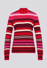 Gestrickter Pullover mit hohem Kragen, der kräftige horizontale Streifen in Rot, Pink, Creme und Burgunderrot aufweist. Weiche Textur und eng anliegende Passform.