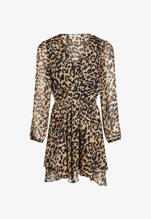 Leopardprint jurk van doorzichtig materiaal, met lange mouwen, een V-hals, een taille met rimpeling en een vloeiende, ongelijke zoom.