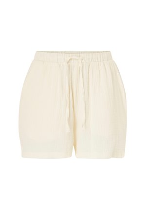 Pantalones cortos tejidos de color crema con un acabado texturizado, cinturilla elástica y cordón ajustable. Presentan un corte holgado y bolsillos laterales.