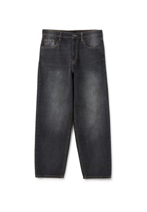 Dunkelgraue Denim-Jeans mit lässiger Passform, ausgestattet mit fünf Taschen, einem Knopf- und Reißverschluss sowie sichtbaren Nähten entlang der Nähte.