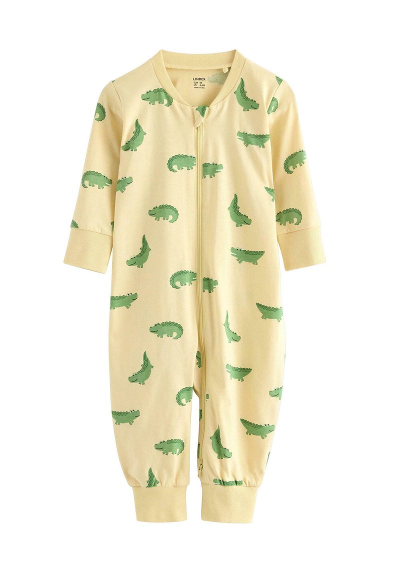 Gul bomullsbody för baby med gröna krokodilmönster, långärmad, dragkedja och elastiska ärmslut. Mjuk textur, lekfull design.