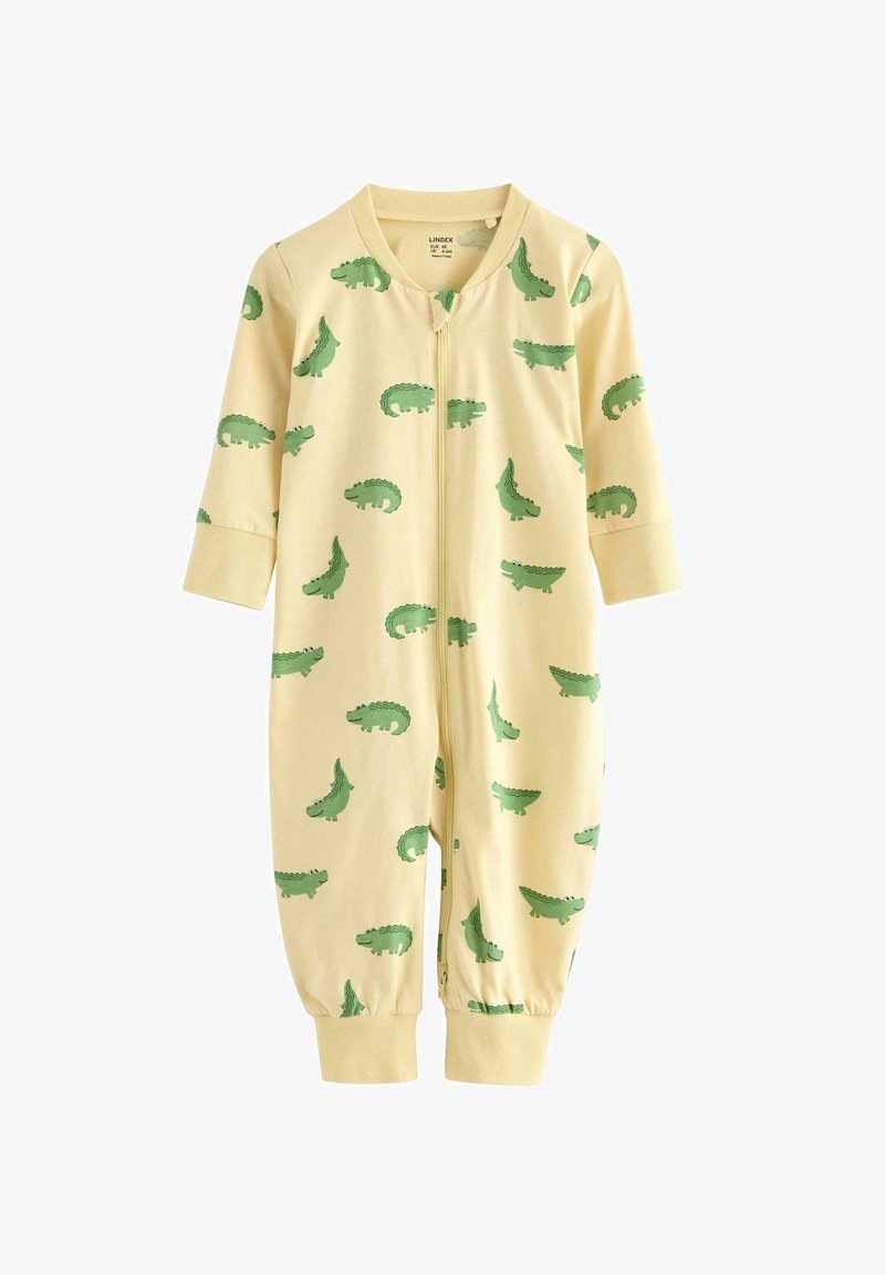 Yellow cotton baby onesie featuring green crocodile patterns, long sleeves, zip closure, and elasticated cuffs. Soft texture, playful design.