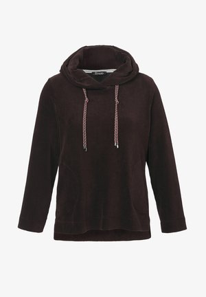 Dark brown corduroy pullover with a hood, featuring a drawstring neckline, front pockets, and long sleeves. Textured fabric with ribbed pattern.