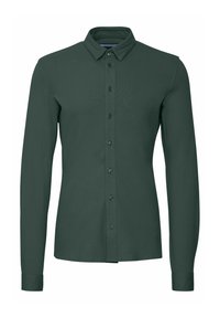 Camisa de manga larga con botones en color verde oscuro, con cuello puntiagudo, botones delanteros y una textura de tela lisa y ligera.