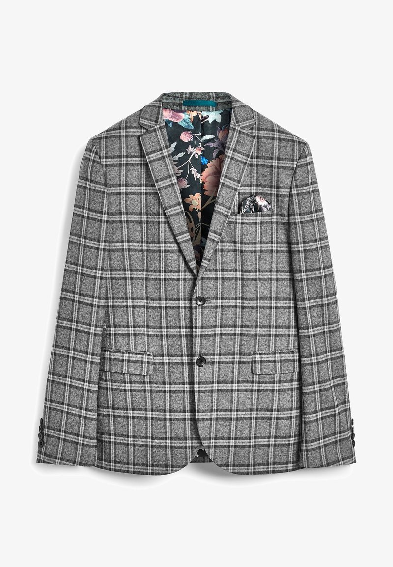 Blazer à carreaux gris avec deux boutons, poches à rabat, doublure intérieure fleurie, avec une pochette florale dans la poche poitrine gauche.
