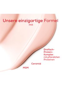 Cremige, hellrosa Formel mit einer glatten Textur. Textüberlagerungen in kräftigem Rot, die die wichtigsten Inhaltsstoffe hervorheben: MSM, Ceramid und einen Protein-Komplex.