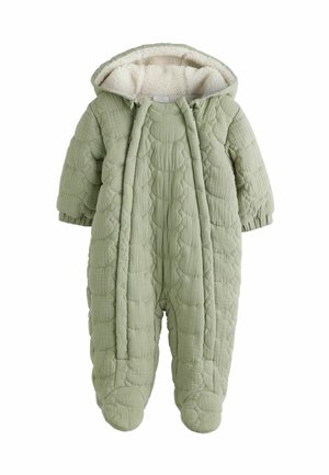 Gepolsterter Einteiler in sanftem Grün, ausgestattet mit einem flauschigen Innenfutter, elastischen Bündchen und einer Kapuze mit Kordelzug. Strukturierter, gepolsterter Look über das ganze Kleidungsstück.
