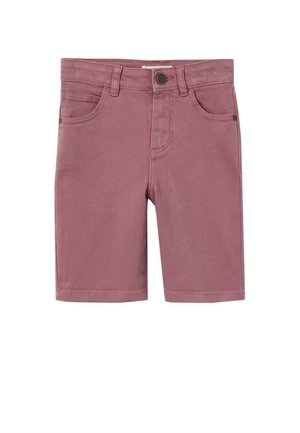 Shorts en jean mauve longueur genou avec passants de ceinture, une fermeture à bouton, poches avant et coutures apparentes.