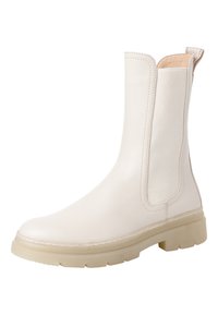 Białe skórzane botki za kostkę z elastycznymi panelami bocznymi i uchwytem. Masywna beżowa gumowa podeszwa oraz gładkie wykończenie z przeszyciami.