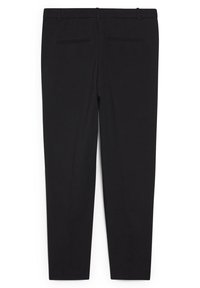 Svarta skräddarsydda byxor med raka ben, bälteshällor och två horisontella bakfickor.