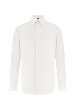 Weißes Herren-Hemd mit langen Ärmeln, spitzem Kragen und vorderer Knopfleiste, präsentiert auf weißem Hintergrund.