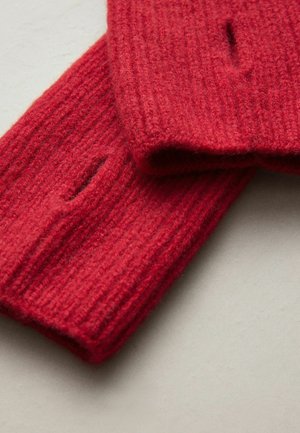 Red knitted wrist warmers with a ribbed texture and two openings, featuring a soft material for comfort and warmth.