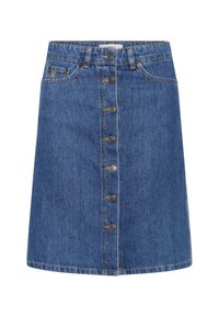 Blaue Jeansrock mit einer Knopfverschluss vorne, ausgestattet mit sieben Metallknöpfen, gerader Passform und Kontrastnähten entlang der Nähte.