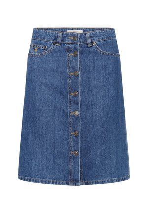 Blaue Jeansrock mit einer Knopfverschluss vorne, ausgestattet mit sieben Metallknöpfen, gerader Passform und Kontrastnähten entlang der Nähte.
