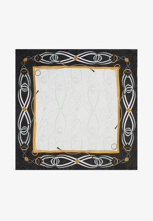Foulard carré avec bordure torsadée de ruban et chaîne noir, blanc et doré encadrant un centre gris pâle.