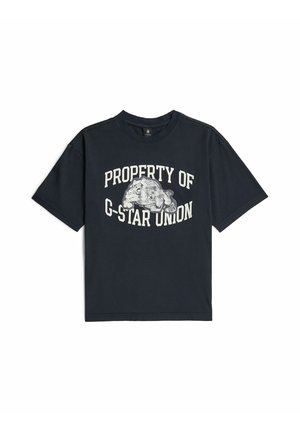 Czarna koszulka z krótkim rękawem z białym tekstem "Property of G-Star Union" i grafiką buldoga na środku.