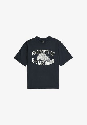 Czarna koszulka z krótkim rękawem z białym tekstem "Property of G-Star Union" i grafiką buldoga na środku.