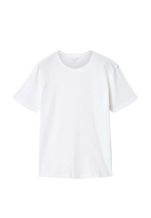 Schlichtes weißes T-Shirt aus Baumwolle mit kurzen Ärmeln und Rundhalsausschnitt, locker geschnitten, ohne sichtbare Logos oder Muster.