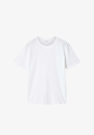 T-shirt en coton blanc uni à manches courtes, col ras du cou, coupe décontractée, sans logos ni motifs visibles.
