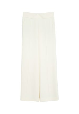 Cremefarbene, weit geschnittene Hose mit hohem Bund und vorderen Nahtdetails, flach auf weißem Hintergrund dargestellt.