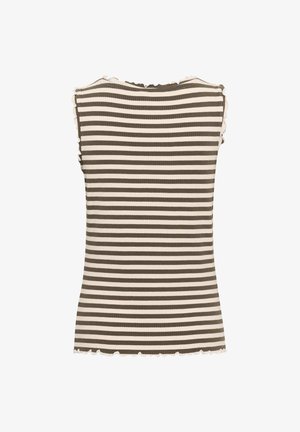 Csíkos, ujjatlan top, váltakozó sötétzöld és krémszínű csíkokkal, bordázott textúrával, fodros nyakkivágással és aljjal.