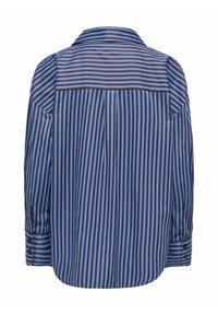 Chemise à rayures avec des rayures horizontales bleu et noir, dotée d'un col classique, de manches longues et de poignets boutonnés.