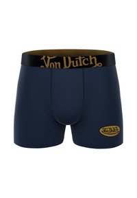 Shorts en coton bleu marine pour hommes, en tissu extensible. Présentent une taille noire avec le logo doré "Von Dutch" et un écusson ovale doré.