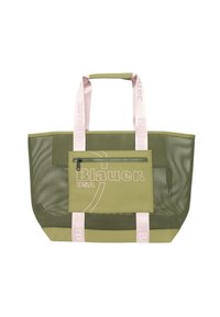 Borsa tote in rete verde con manici brandizzati rosa. Presenta una tasca frontale con zip e una forma rettangolare strutturata. Design traspirante per la visibilità.