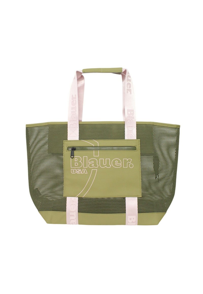 Borsa tote in rete verde con manici brandizzati rosa. Presenta una tasca frontale con zip e una forma rettangolare strutturata. Design traspirante per la visibilità.