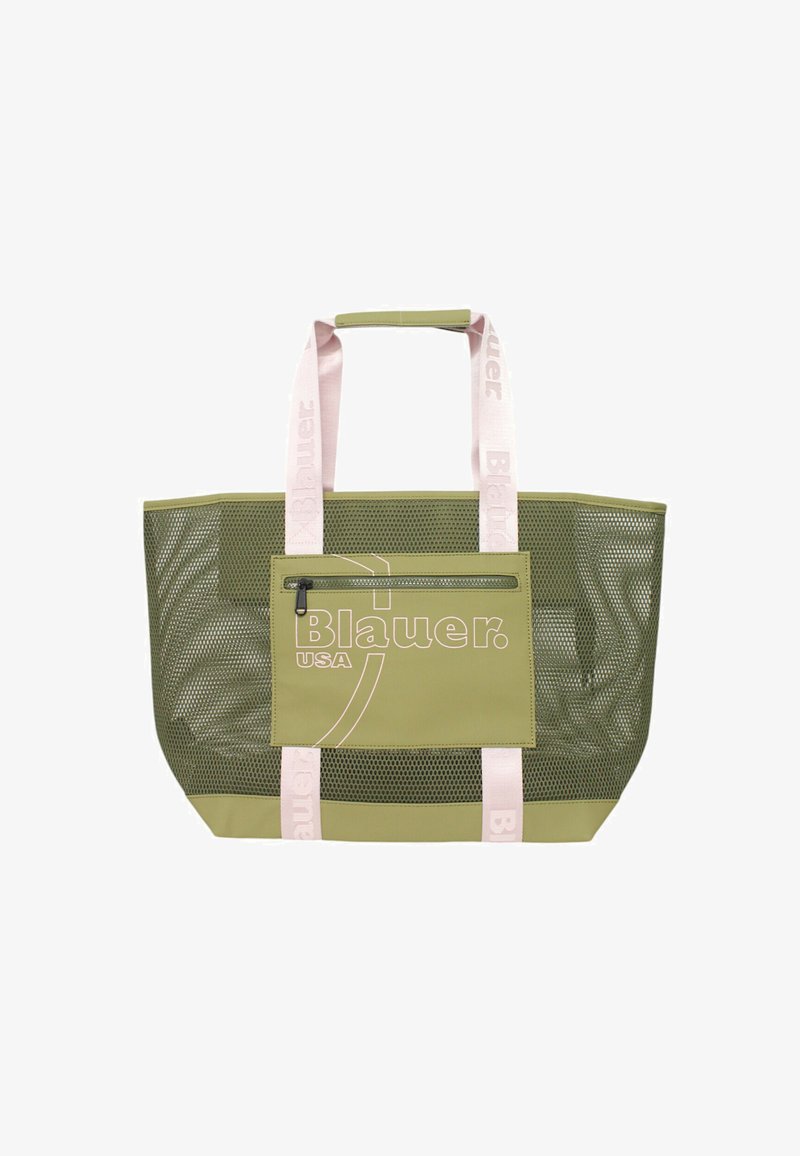 Borsa tote in rete verde con manici brandizzati rosa. Presenta una tasca frontale con zip e una forma rettangolare strutturata. Design traspirante per la visibilità.