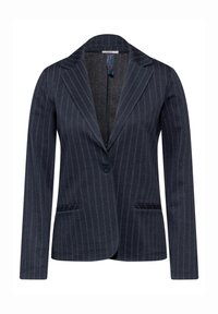 Blazer blu navy a righe sottili realizzato in tessuto testurizzato, dotato di rever a punta, chiusura con un bottone e due tasche frontali.
