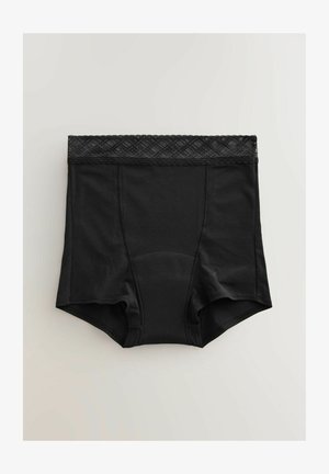 Černé vysoké spodní prádlo vyrobené z měkké látky, se strukturovaným krajkovým pasem s vzorovaným okrajem a vyztuženým švem.